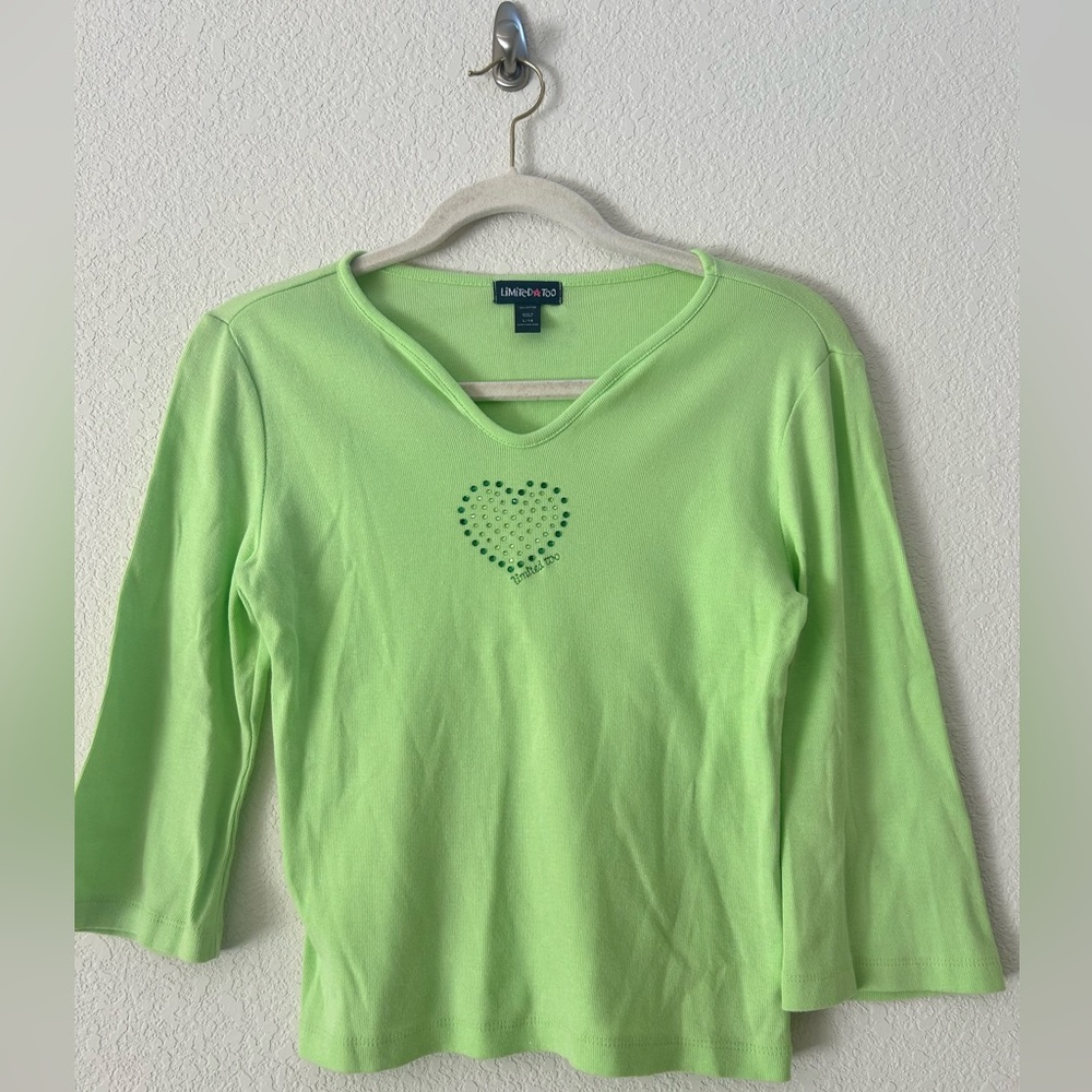 Limited Too Vintage Neon Green Sparkle Heart Blouse Size Girls L